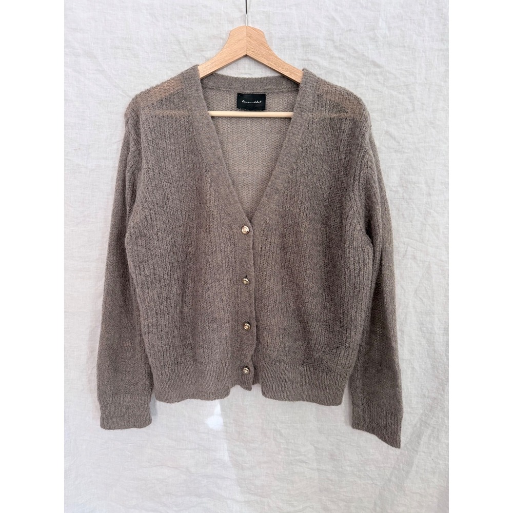 Line & Dot Cardigan Women Grey Mohair Blend Open Knit V-Neck Sweater Medium